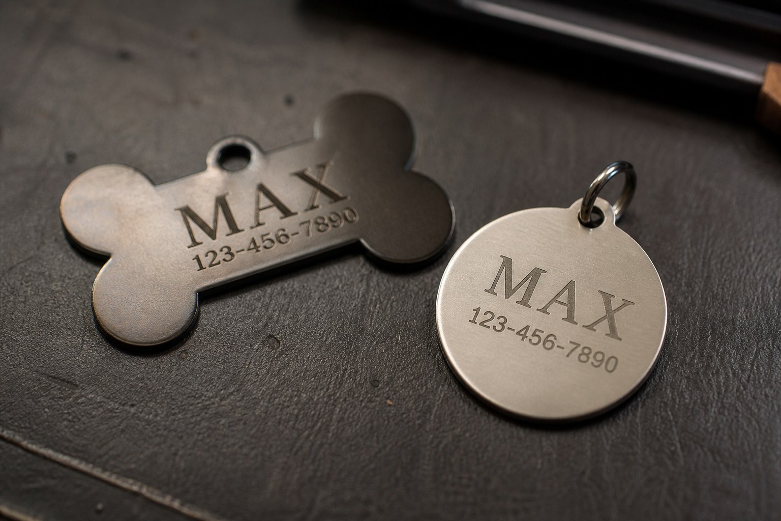 Brushed metal MAX pet tags, bone-shaped and round