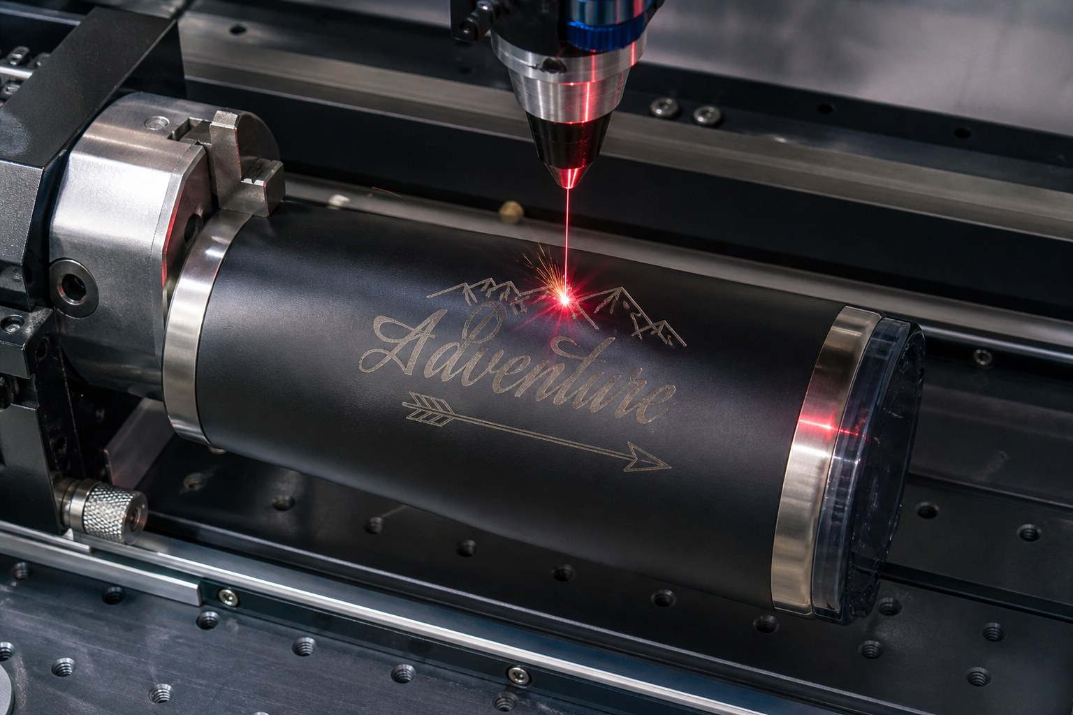 Laser etching a black tumbler in a rotary attachment