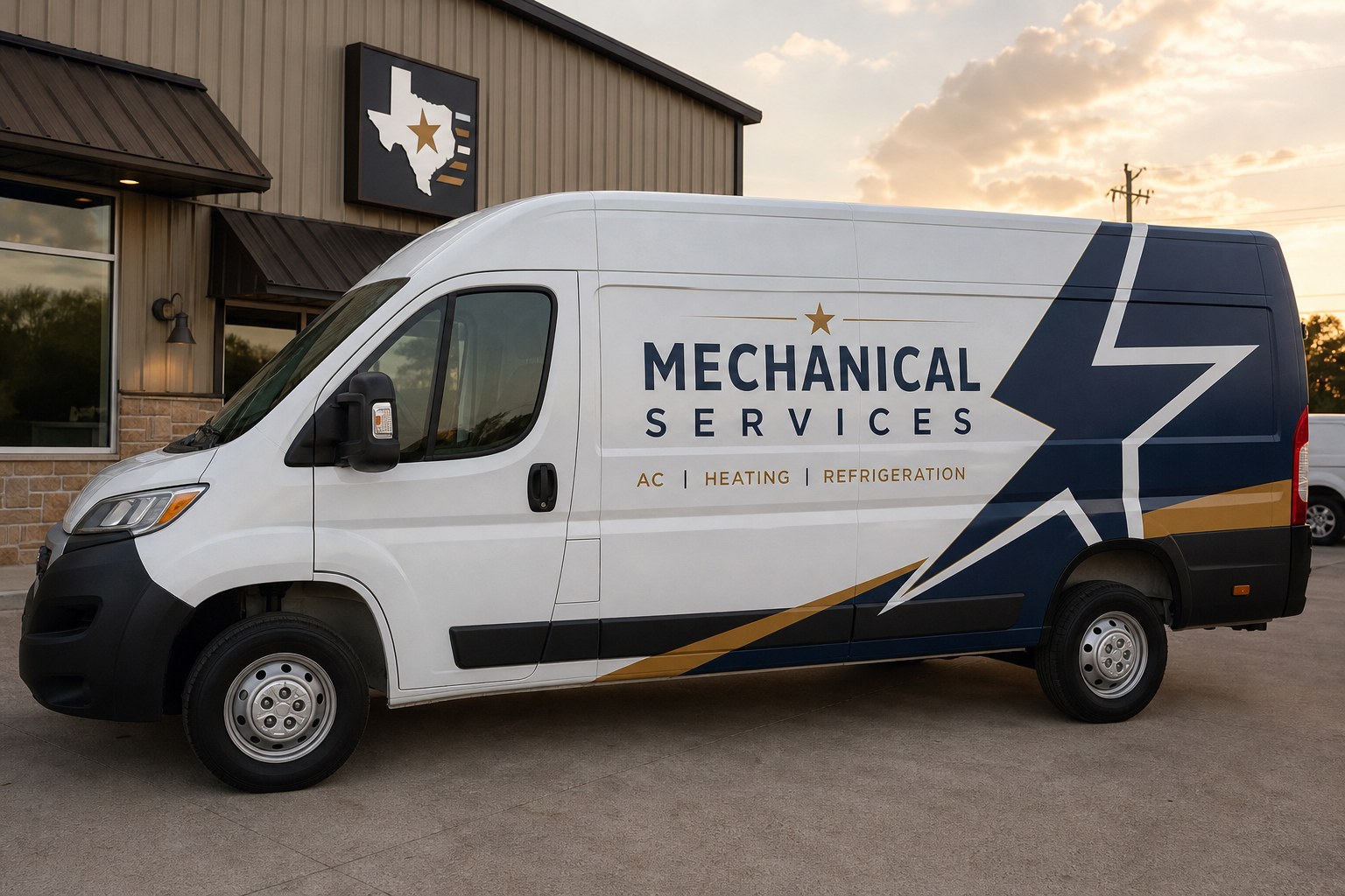 White work van with a navy and gold Mechanical Services wrap