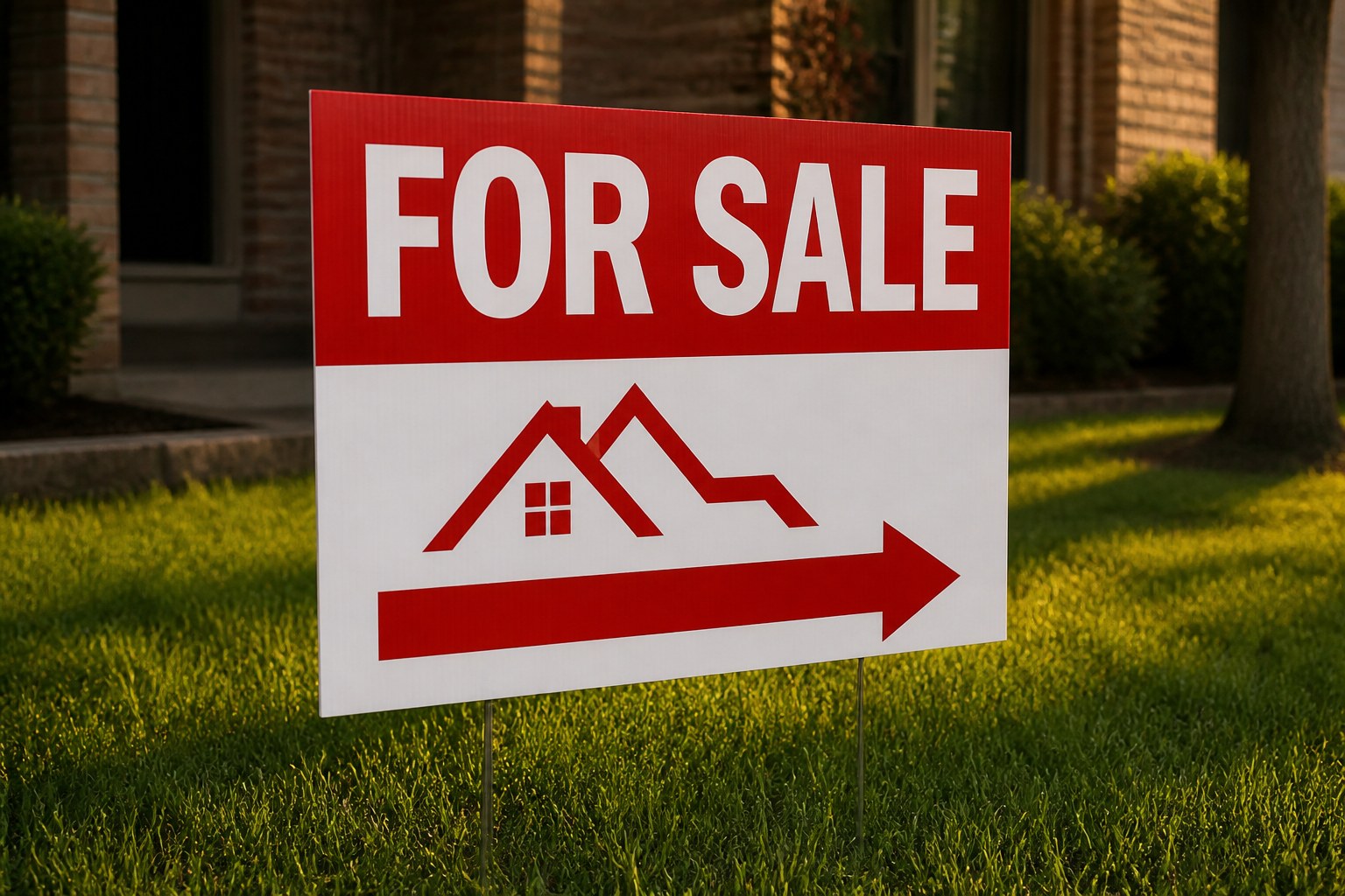 For Sale yard sign on metal stakes, shown on a residential lawn